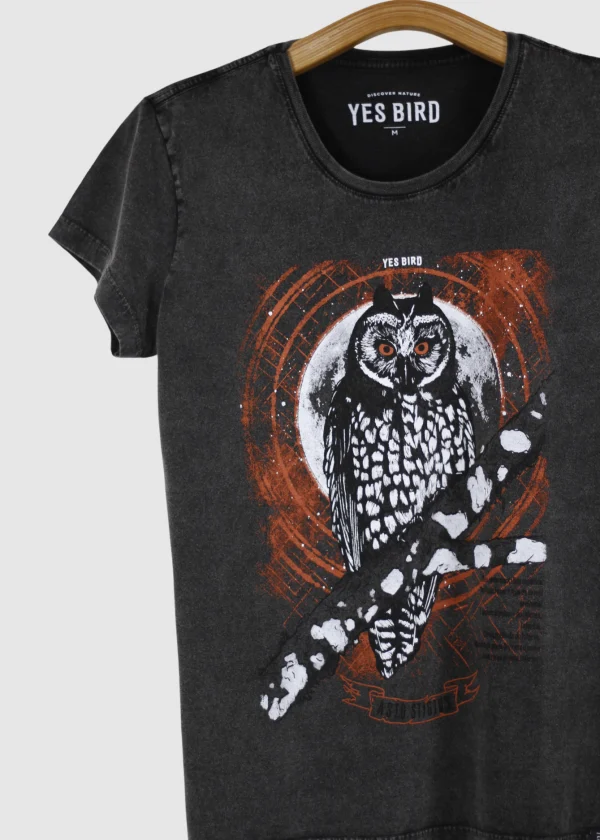 Camiseta Baby-look marmorizada - Mocho-preto (Asio stygius)