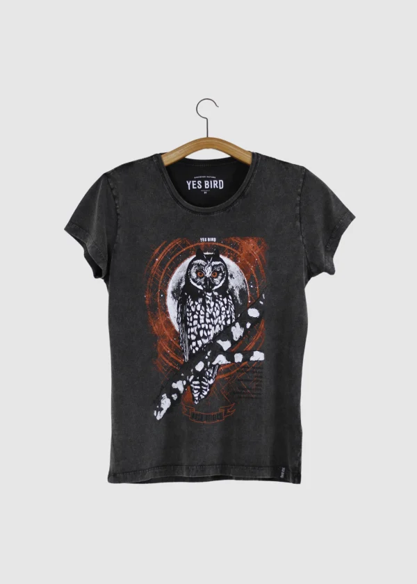 Camiseta Baby-look marmorizada - Mocho-preto (Asio stygius)